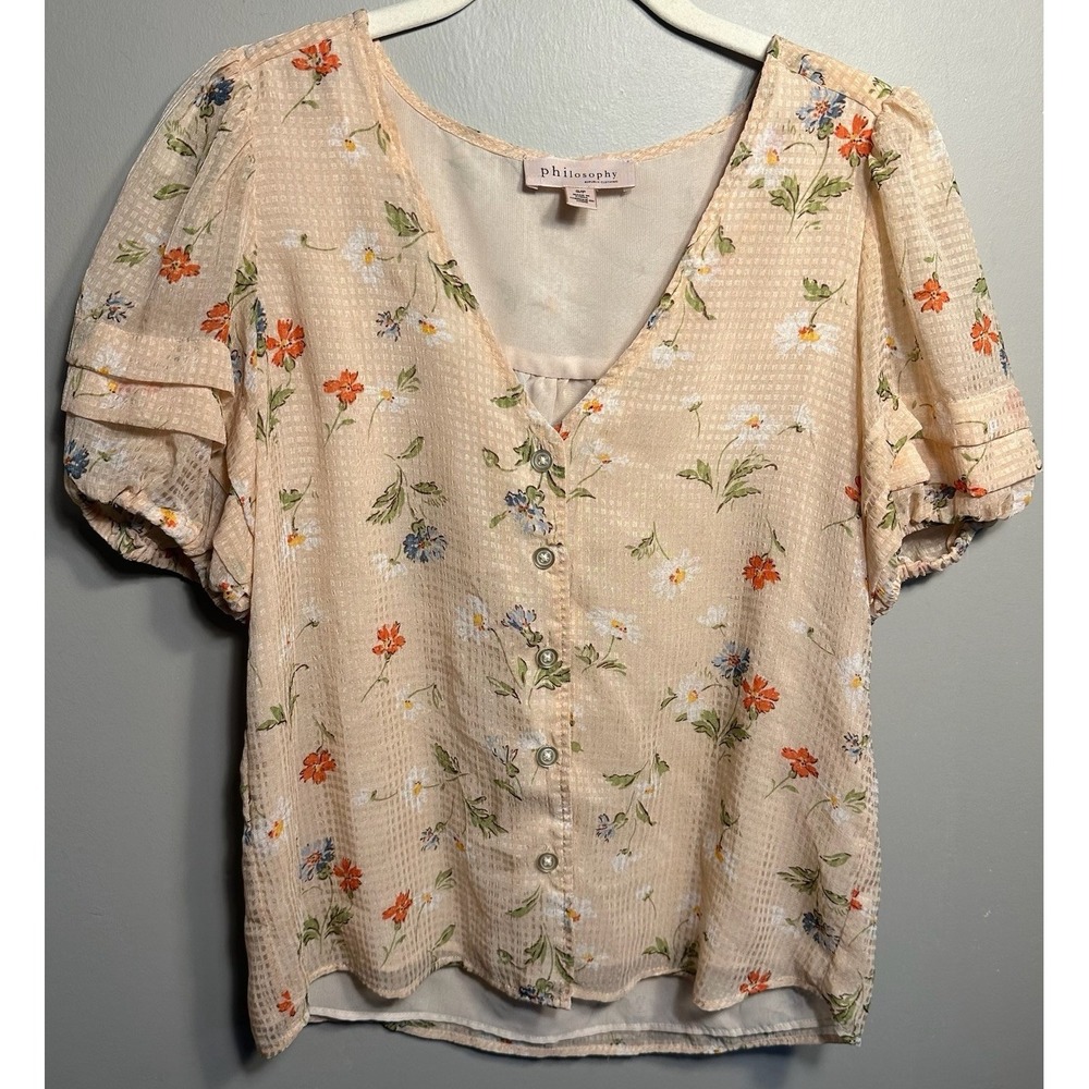 Philosophy Women's Small Blouse Peachy  Multicolor Short Sleeve Floral‎